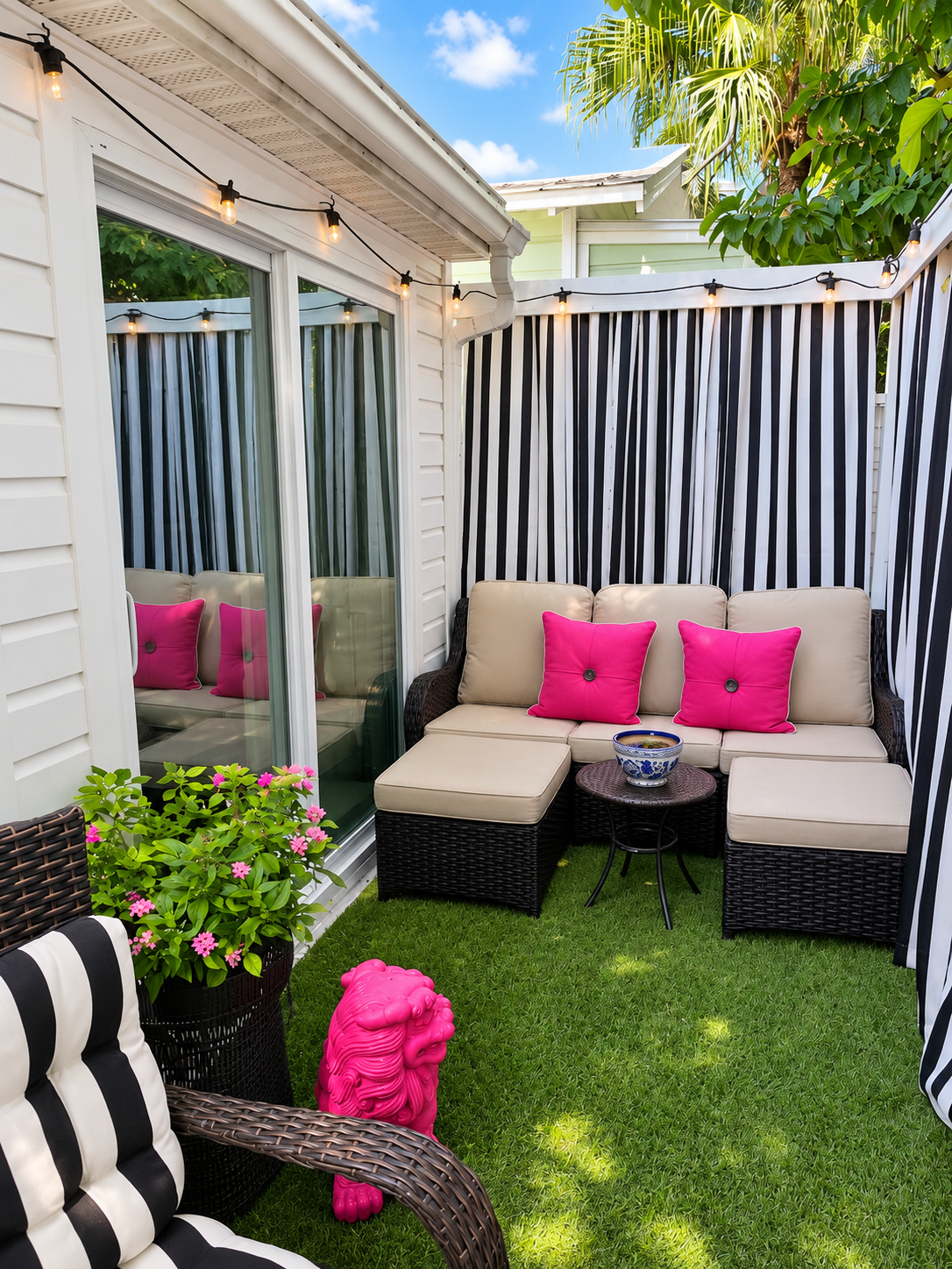 Tropical backyard patio with string lights